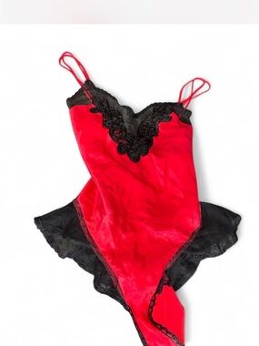 Red Satin Chemise with Black Lace Trim - Women's Intimates